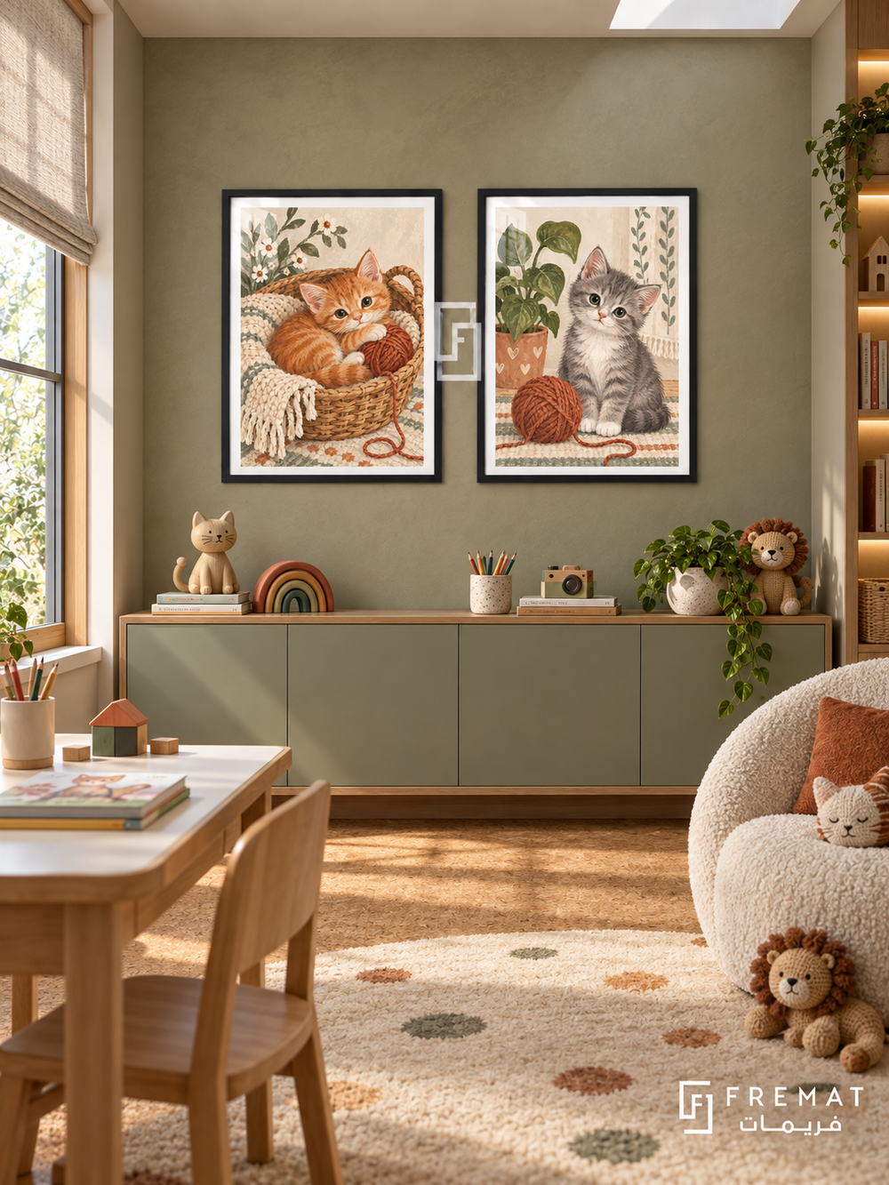 Cozy Cats — set of two kids artworks in Black frames.