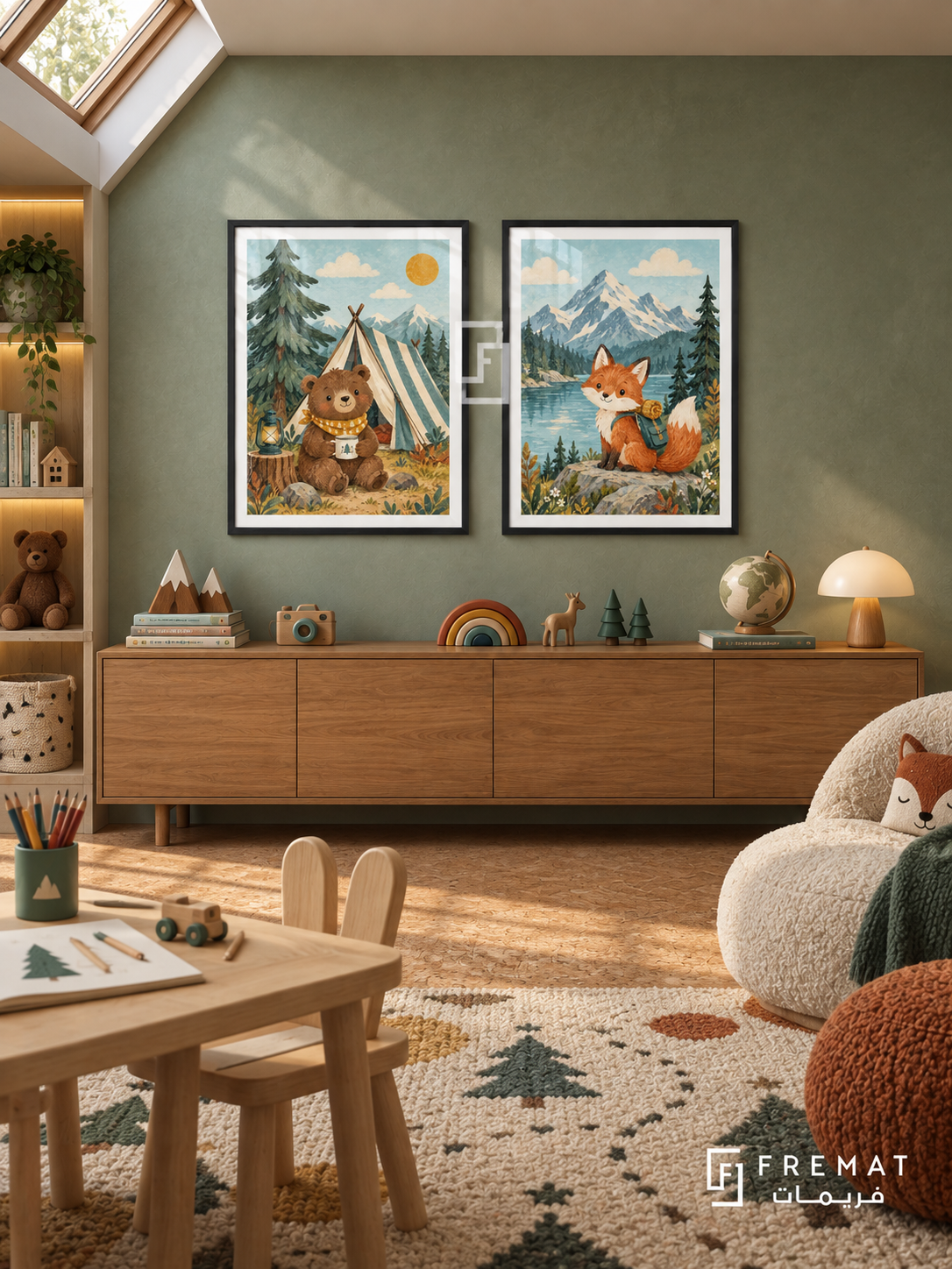 Mountain Camp — set of two kids artworks in Black frames.