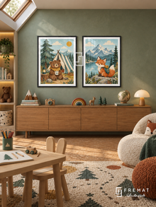 Mountain Camp — set of two kids artworks in Black frames.