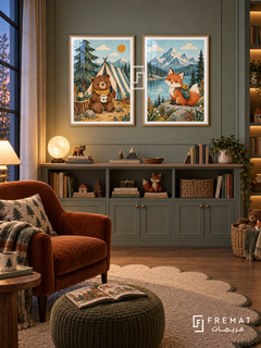 Mountain Camp — set of two kids artworks in Gold frames.