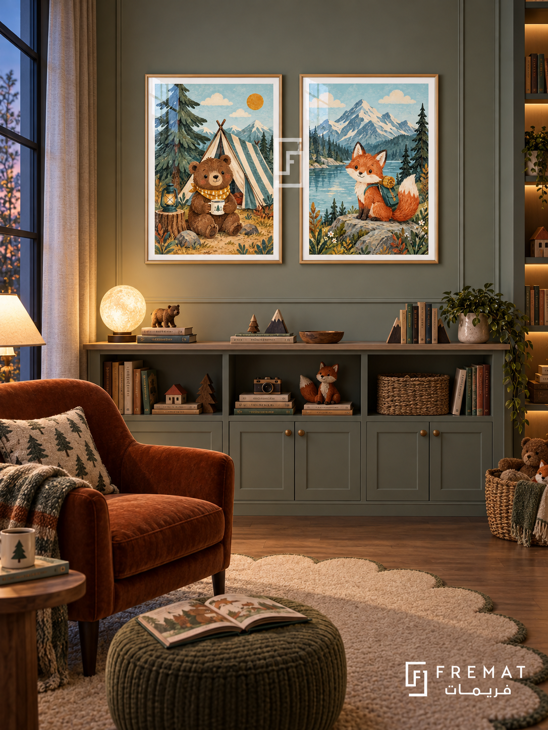 Mountain Camp — set of two kids artworks in Gold frames.