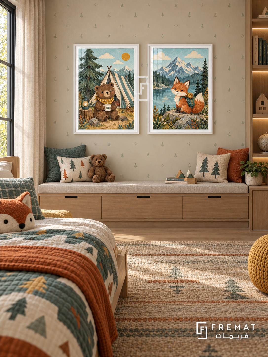 Mountain Camp — set of two kids artworks in White frames.