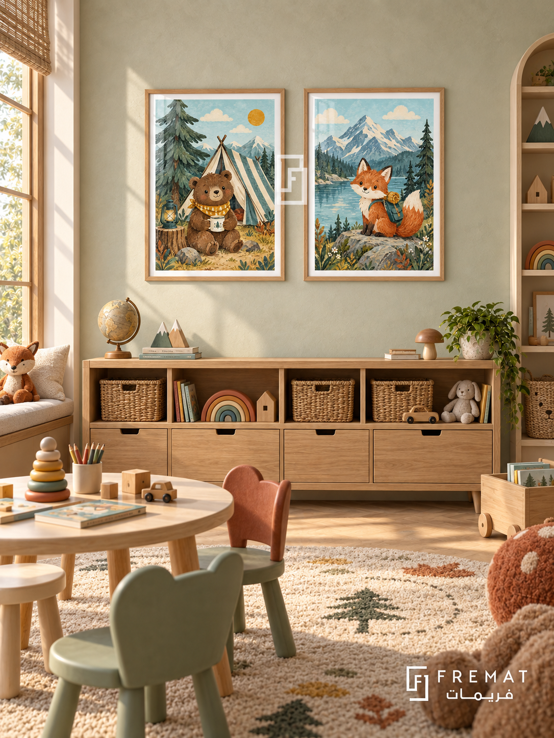 Mountain Camp — set of two kids artworks in Wooden Texture frames.