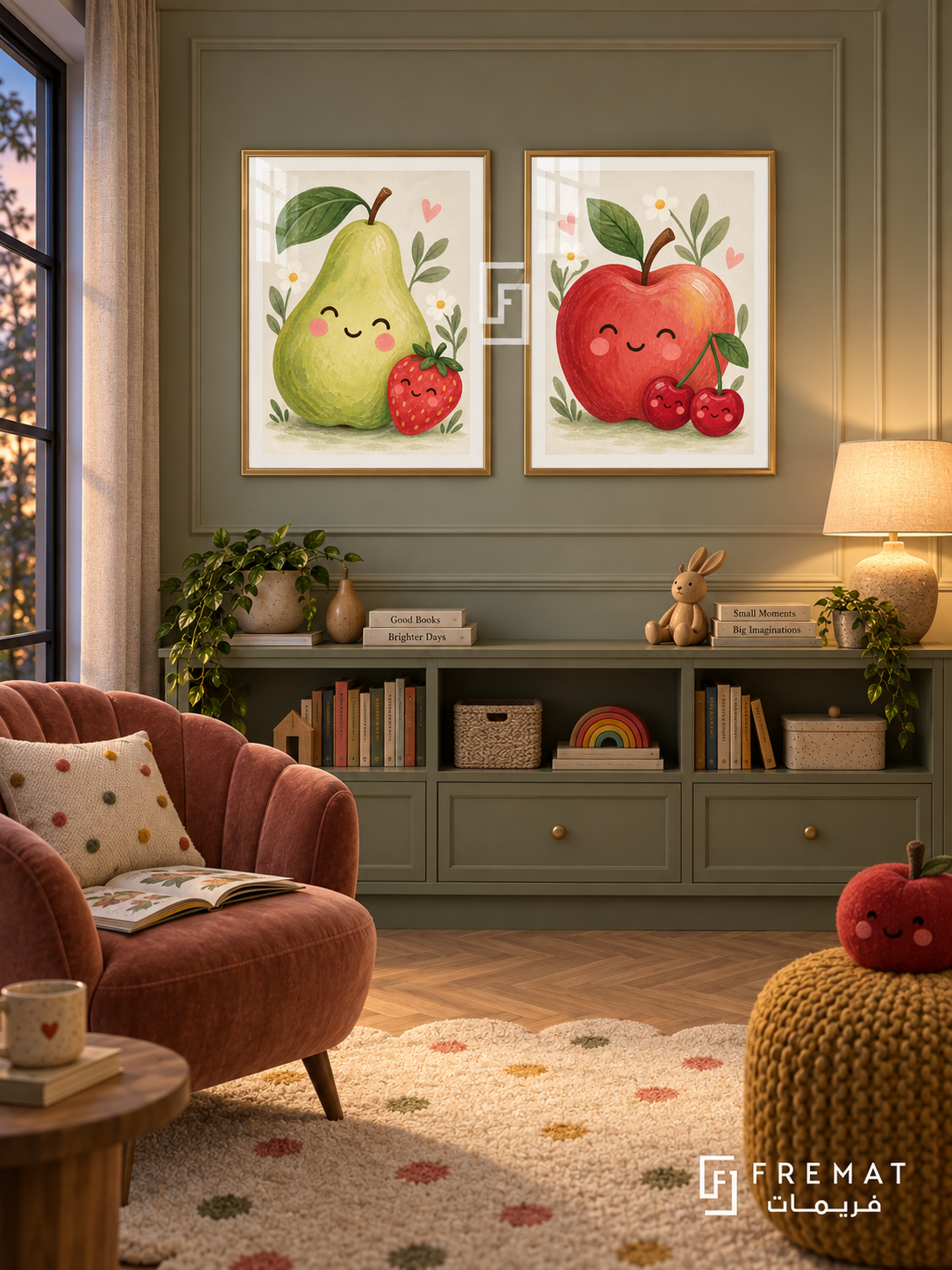 Fruit Parade — set of two kids artworks in Gold frames.