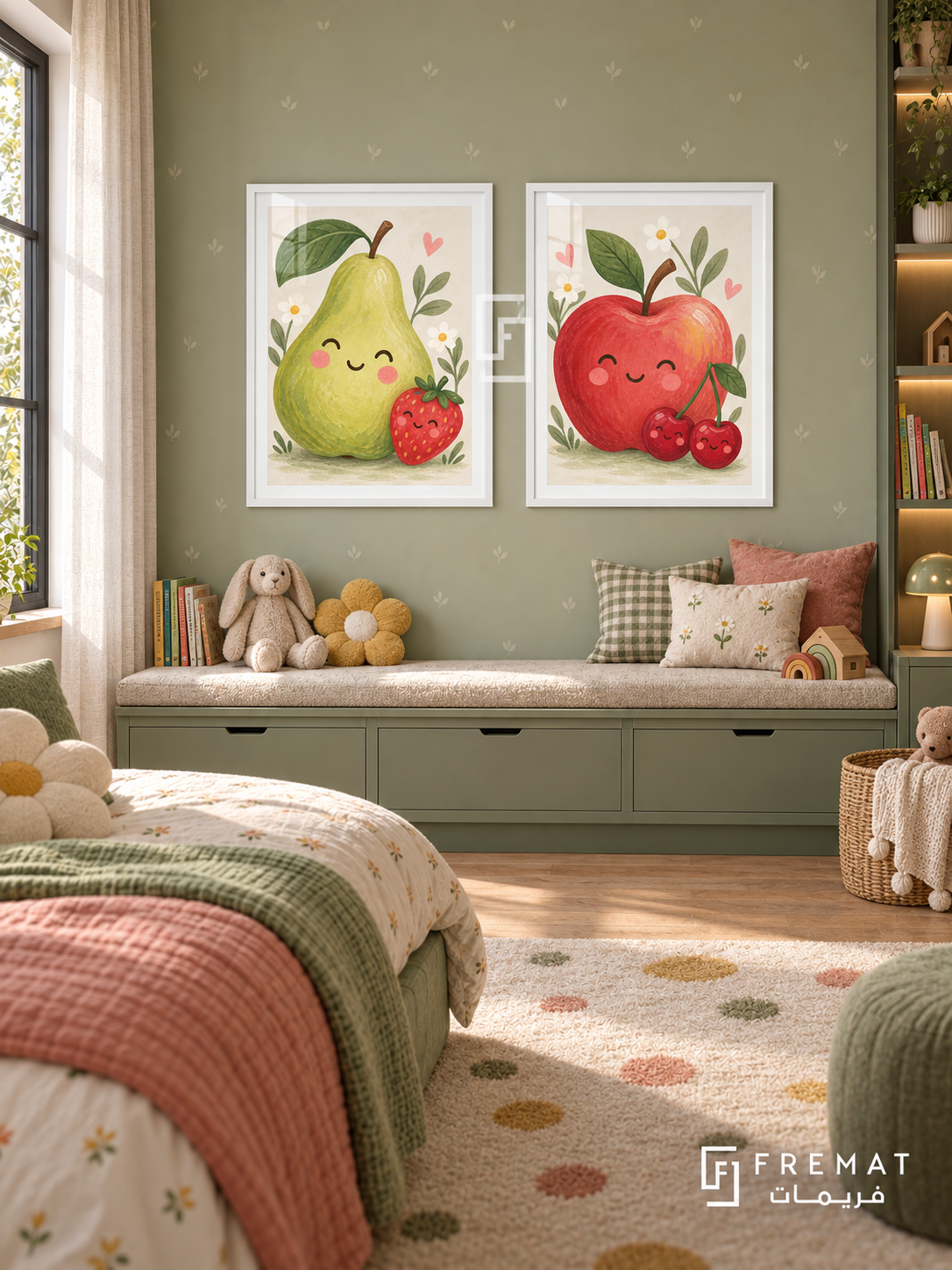 Fruit Parade — set of two kids artworks in White frames.