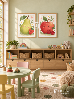 Fruit Parade — set of two kids artworks in Wooden Texture frames.