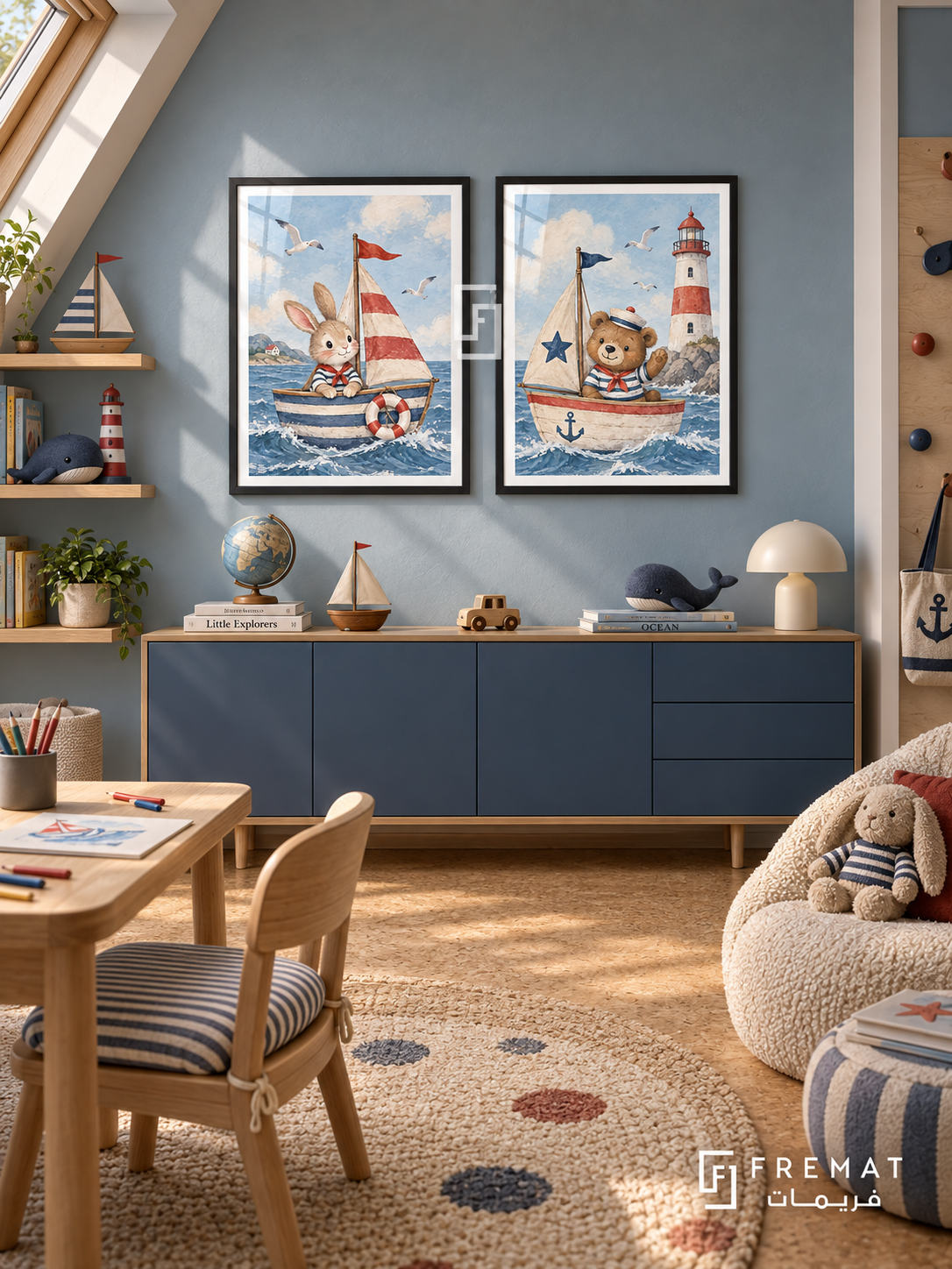 Tiny Sailors — set of two kids artworks in Black frames.