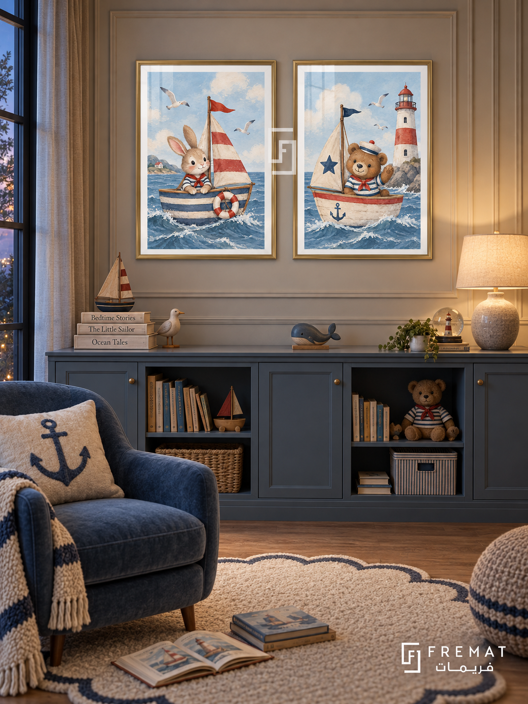 Tiny Sailors — set of two kids artworks in Gold frames.