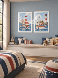 Tiny Sailors — set of two kids artworks in White frames.