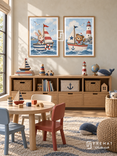 Tiny Sailors — set of two kids artworks in Wooden Texture frames.