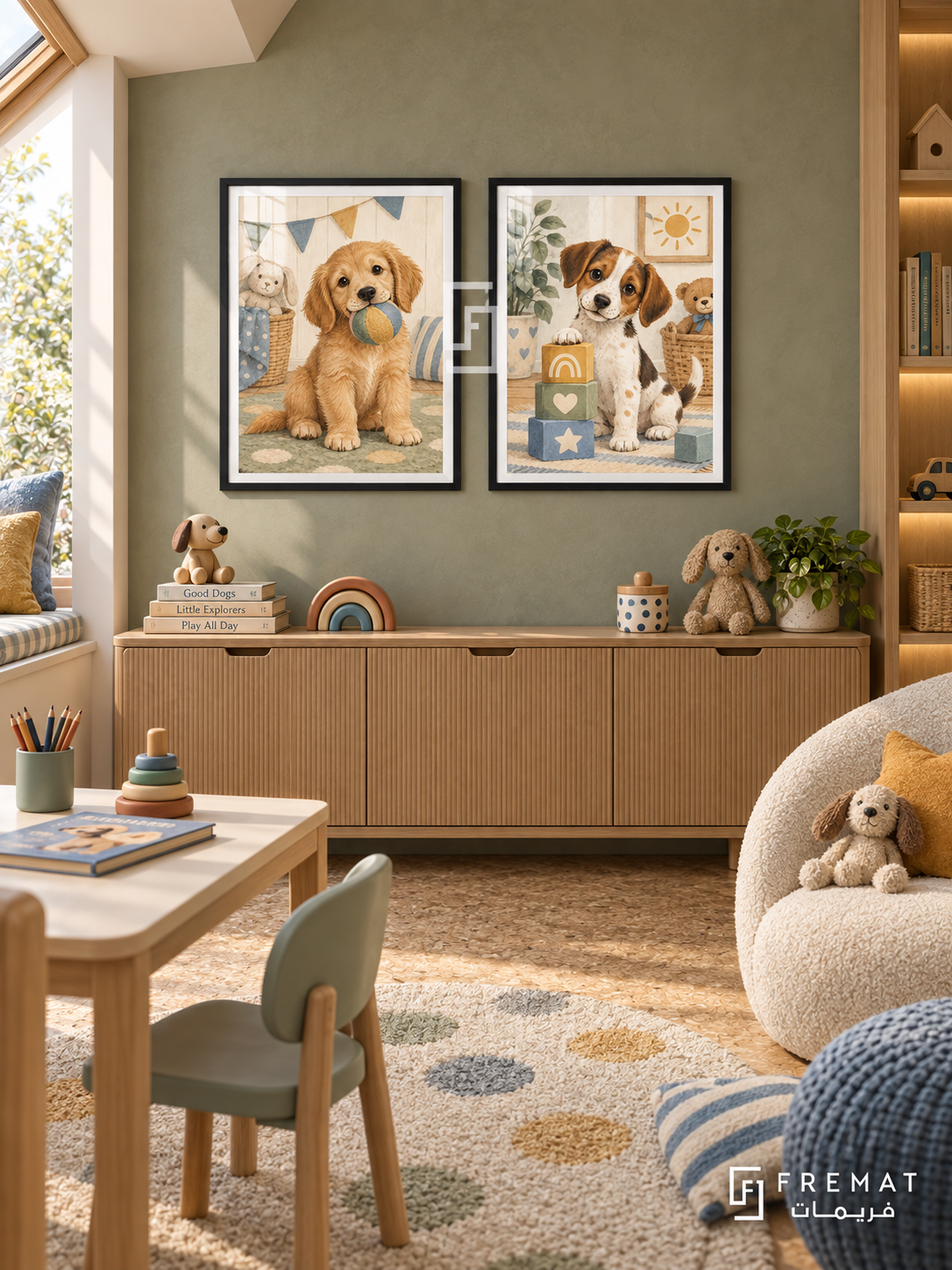 Puppy Playtime — set of two kids artworks in Black frames.