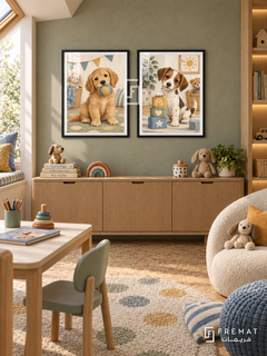 Puppy Playtime — set of two kids artworks in Black frames.