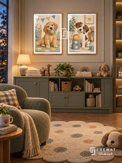 Puppy Playtime — set of two kids artworks in Gold frames.