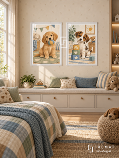 Puppy Playtime — set of two kids artworks in White frames.