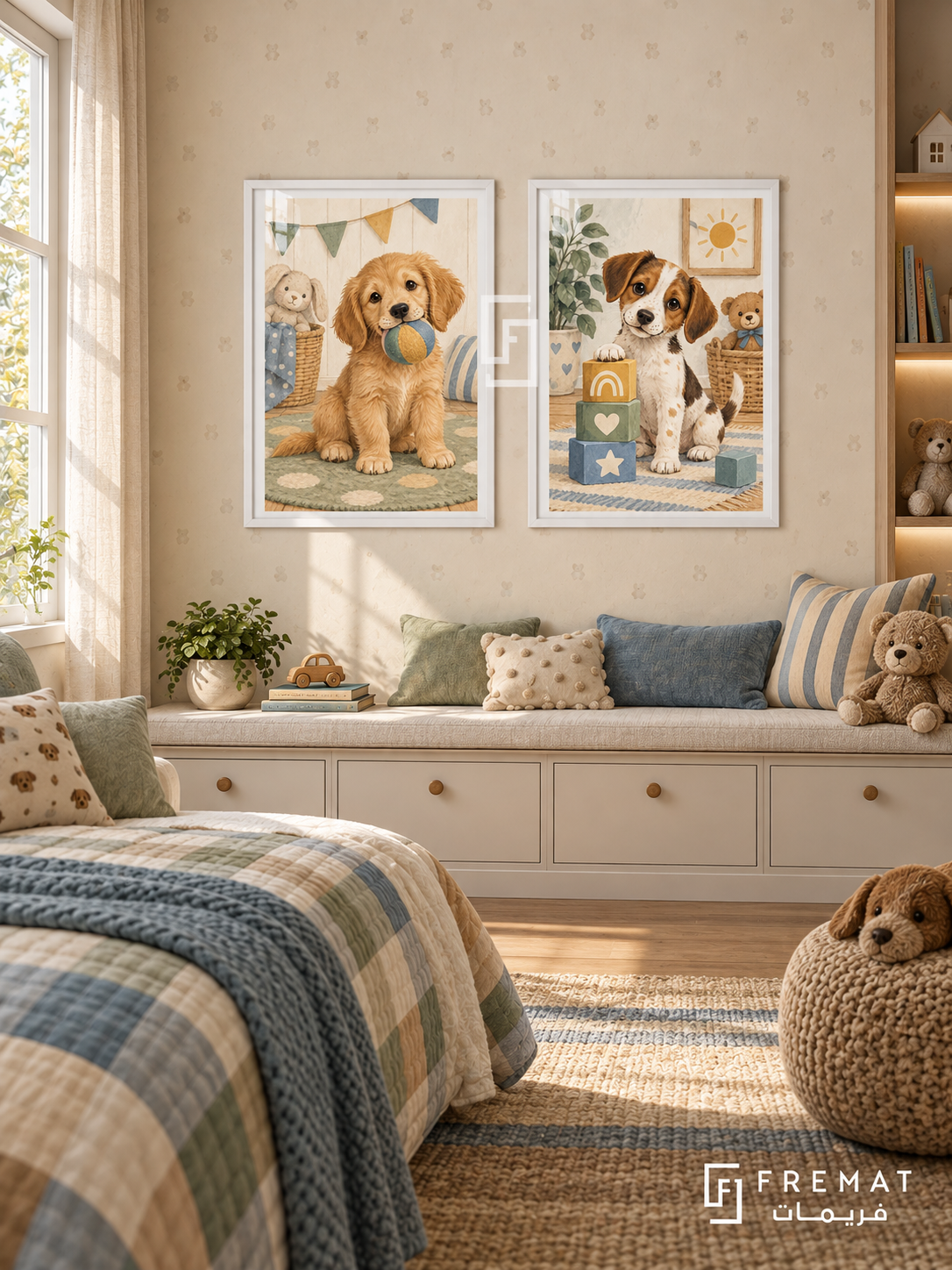 Puppy Playtime — set of two kids artworks in White frames.