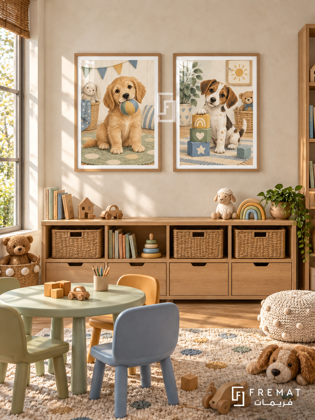 Puppy Playtime — set of two kids artworks in Wooden Texture frames.