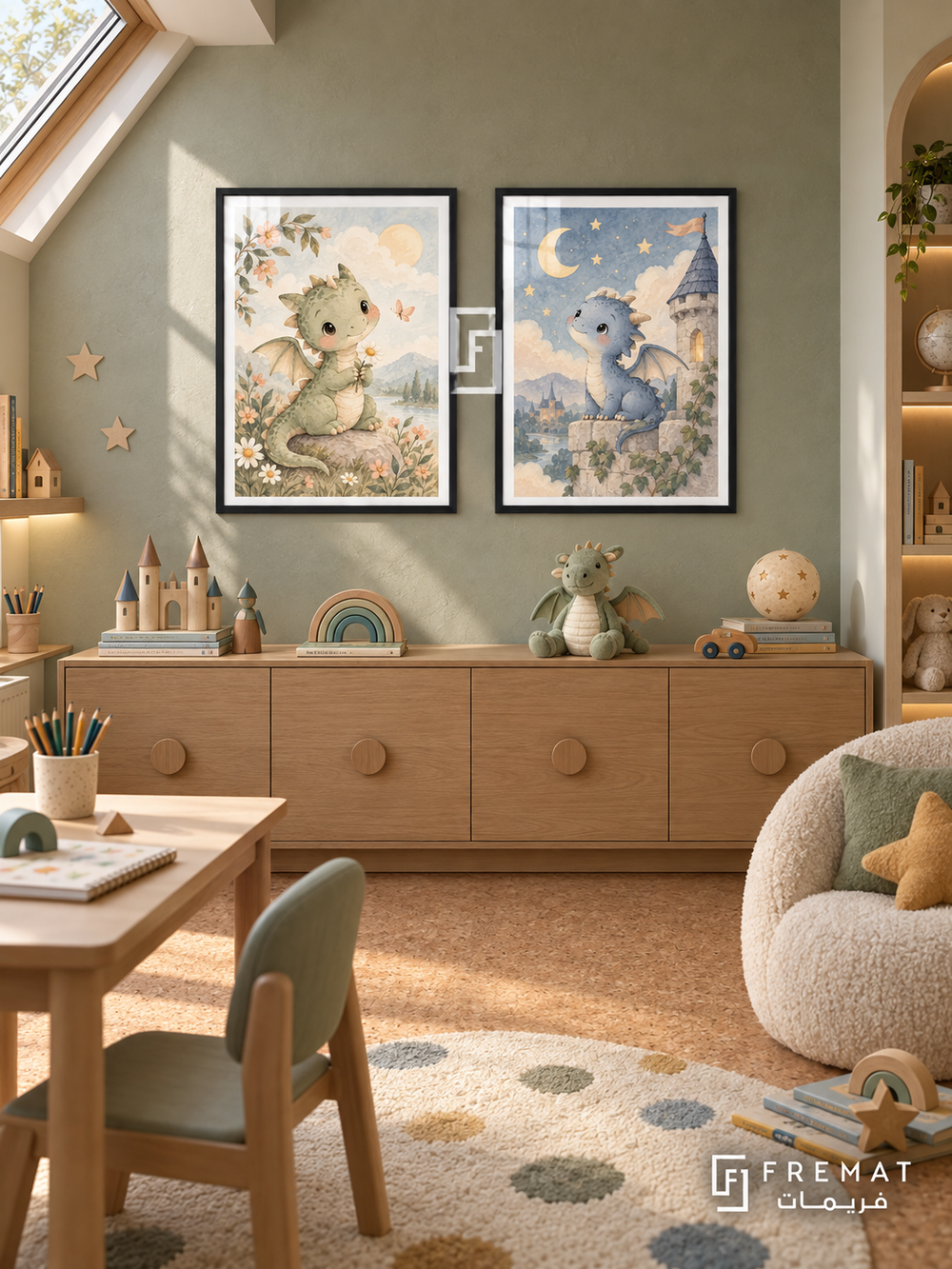 Friendly Dragons — set of two kids artworks in Black frames.