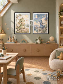 Friendly Dragons — set of two kids artworks in Black frames.