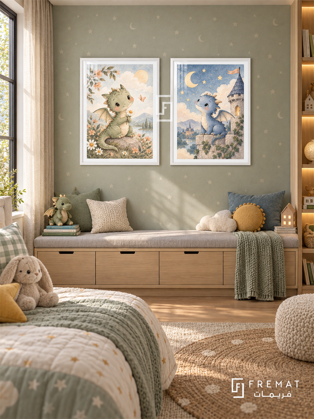 Friendly Dragons — set of two kids artworks in White frames.