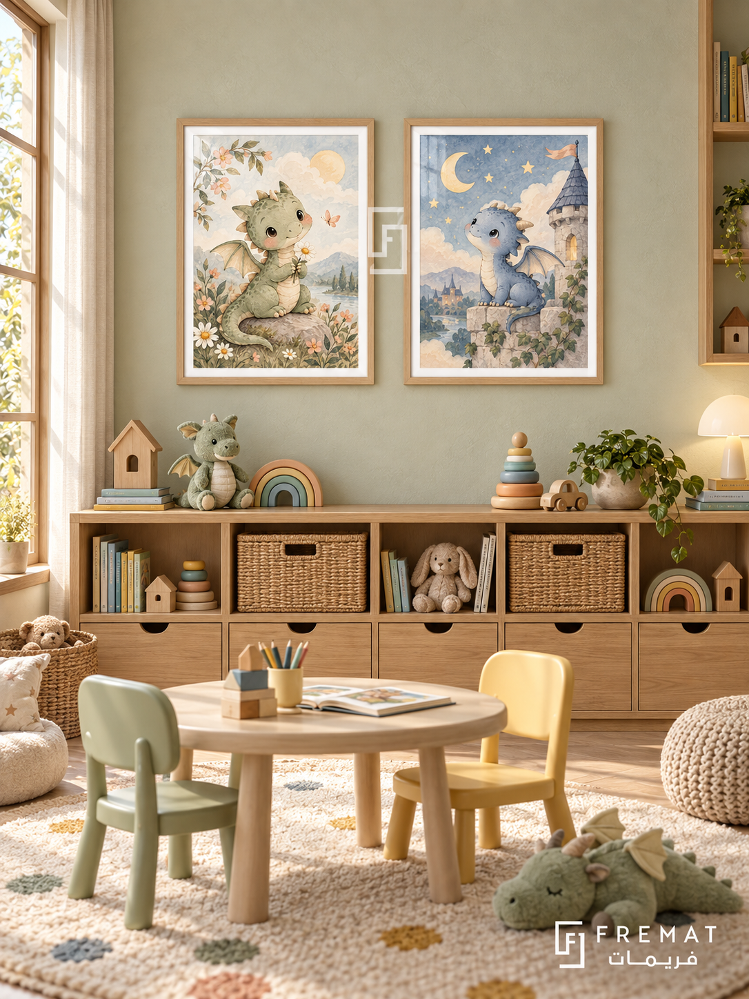Friendly Dragons — set of two kids artworks in Wooden Texture frames.
