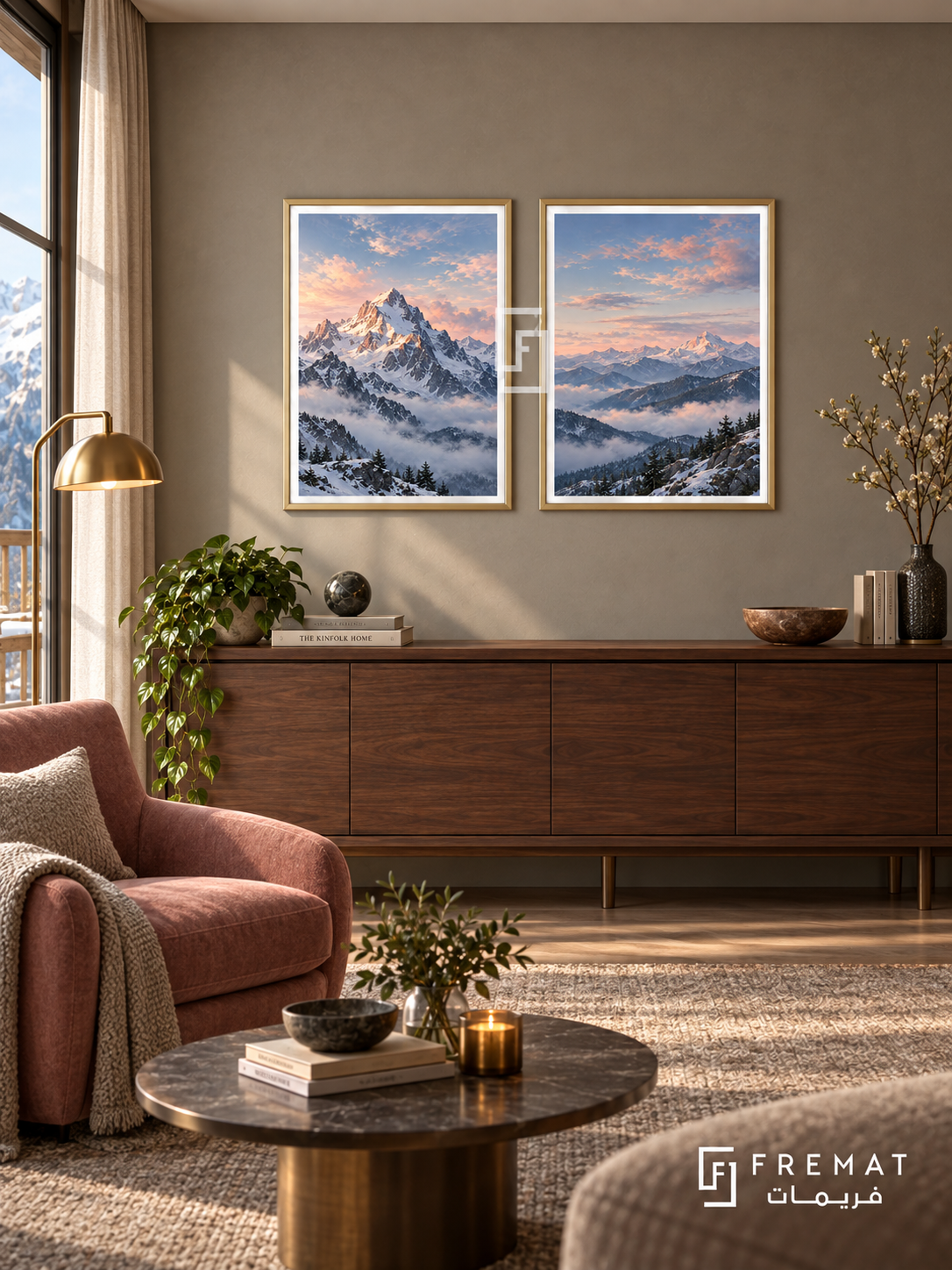 Mountain Light — set of two nature artworks in Gold frames.