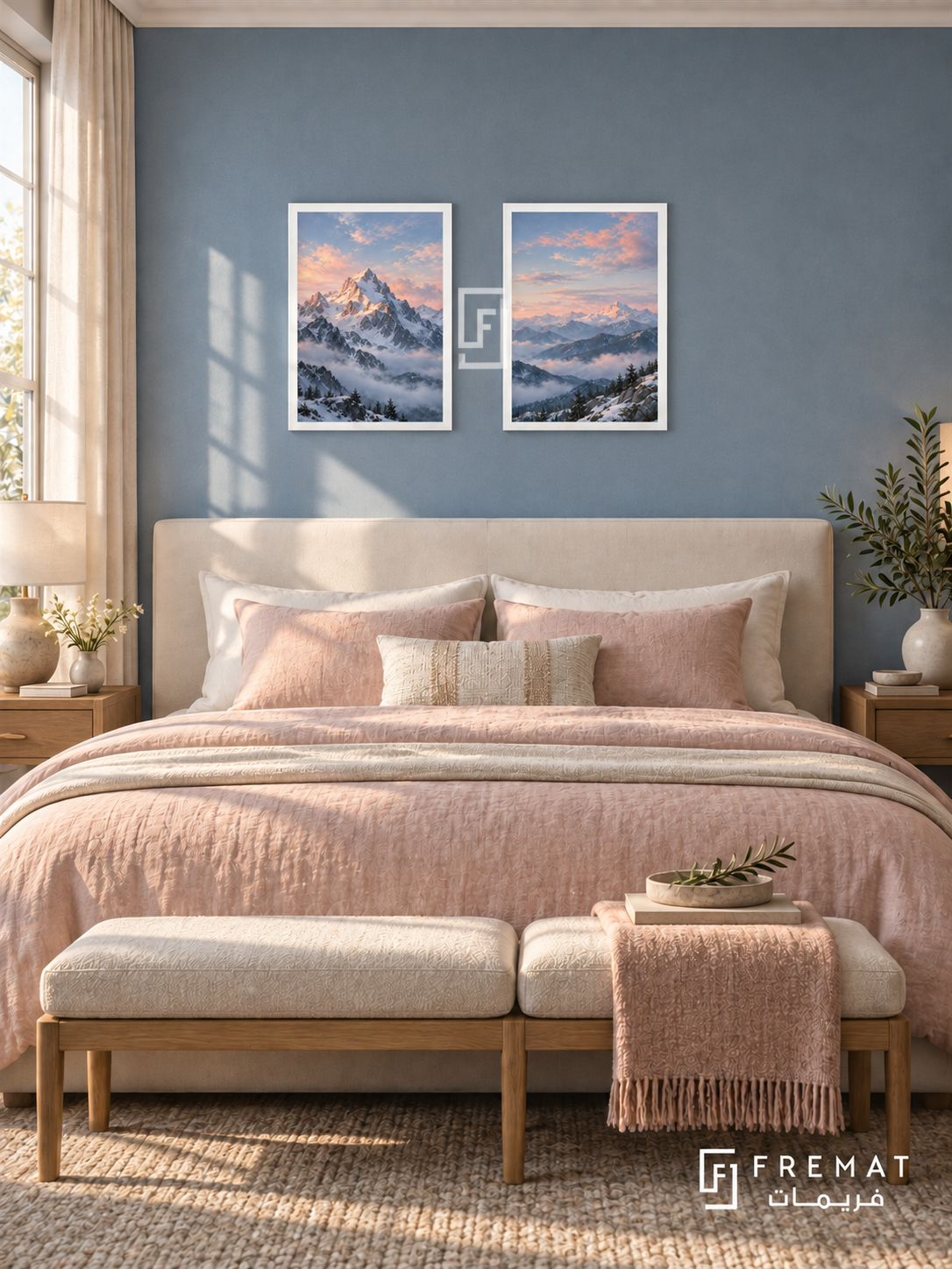 Mountain Light — set of two nature artworks in White frames.