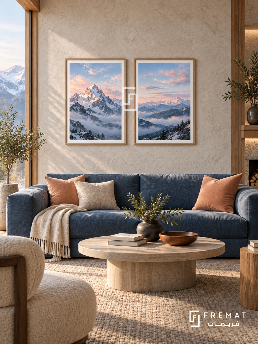 Mountain Light — set of two nature artworks in Wooden Texture frames.