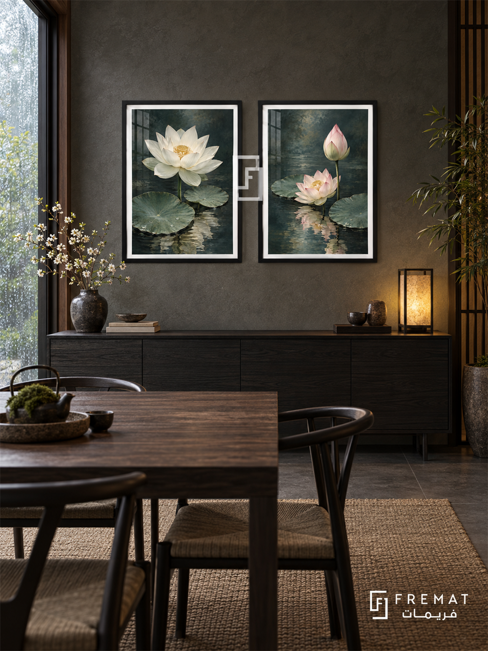 Lotus Stillness — set of two nature artworks in Black frames.