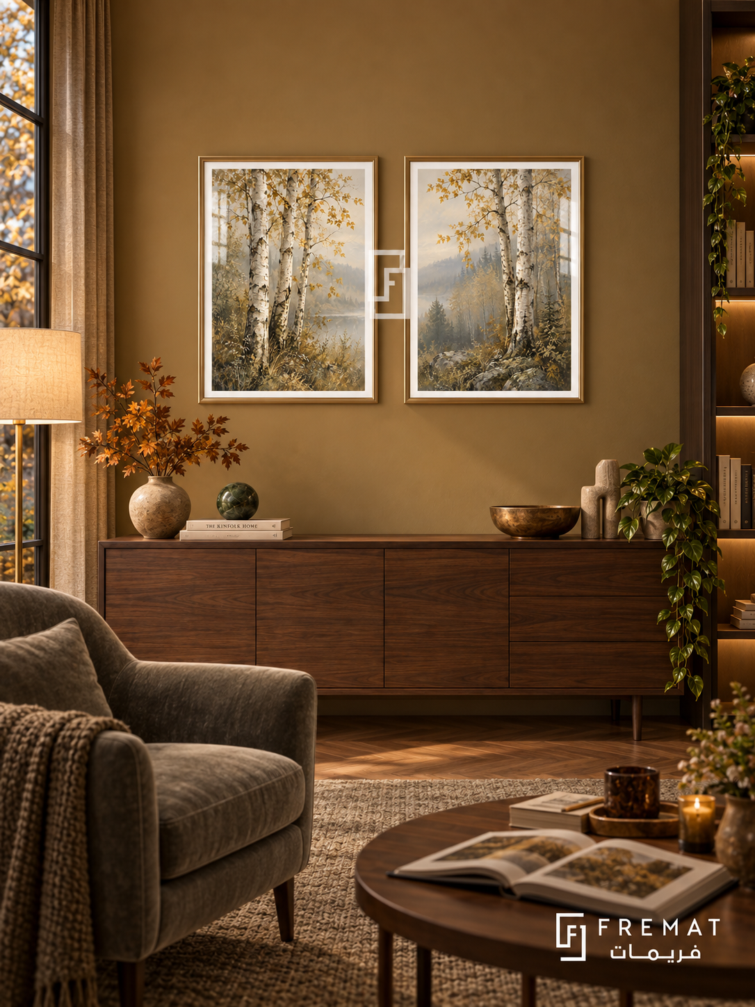 Birch Whisper — set of two nature artworks in Gold frames.