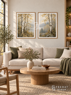 Birch Whisper — set of two nature artworks in Wooden Texture frames.