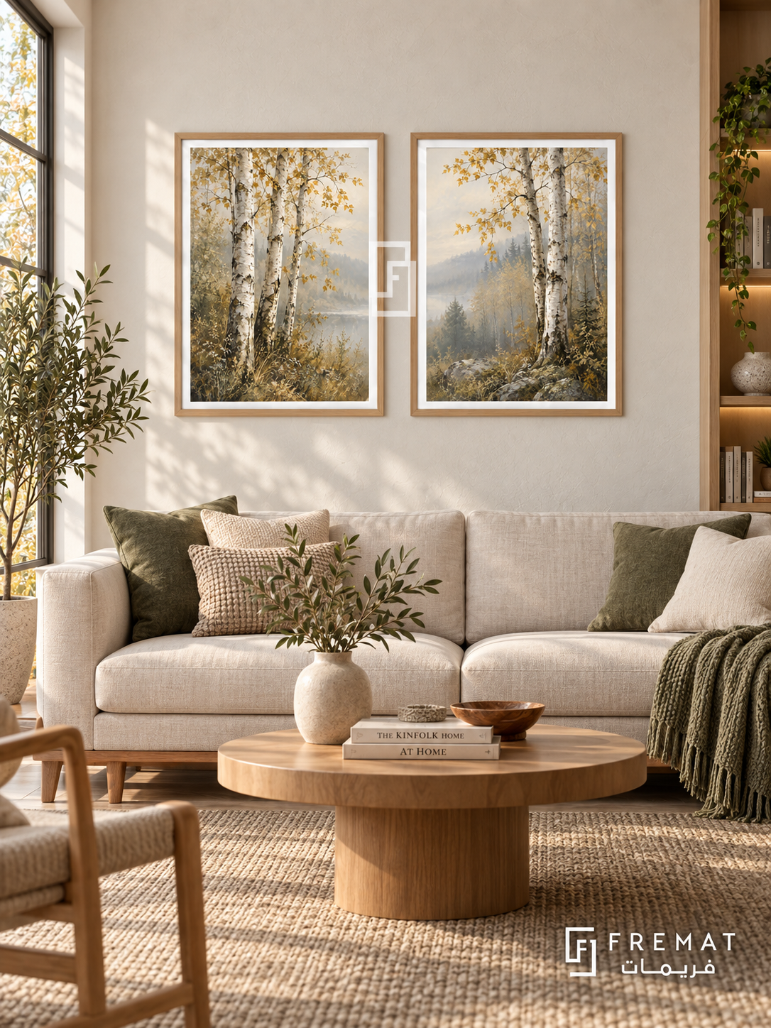 Birch Whisper — set of two nature artworks in Wooden Texture frames.