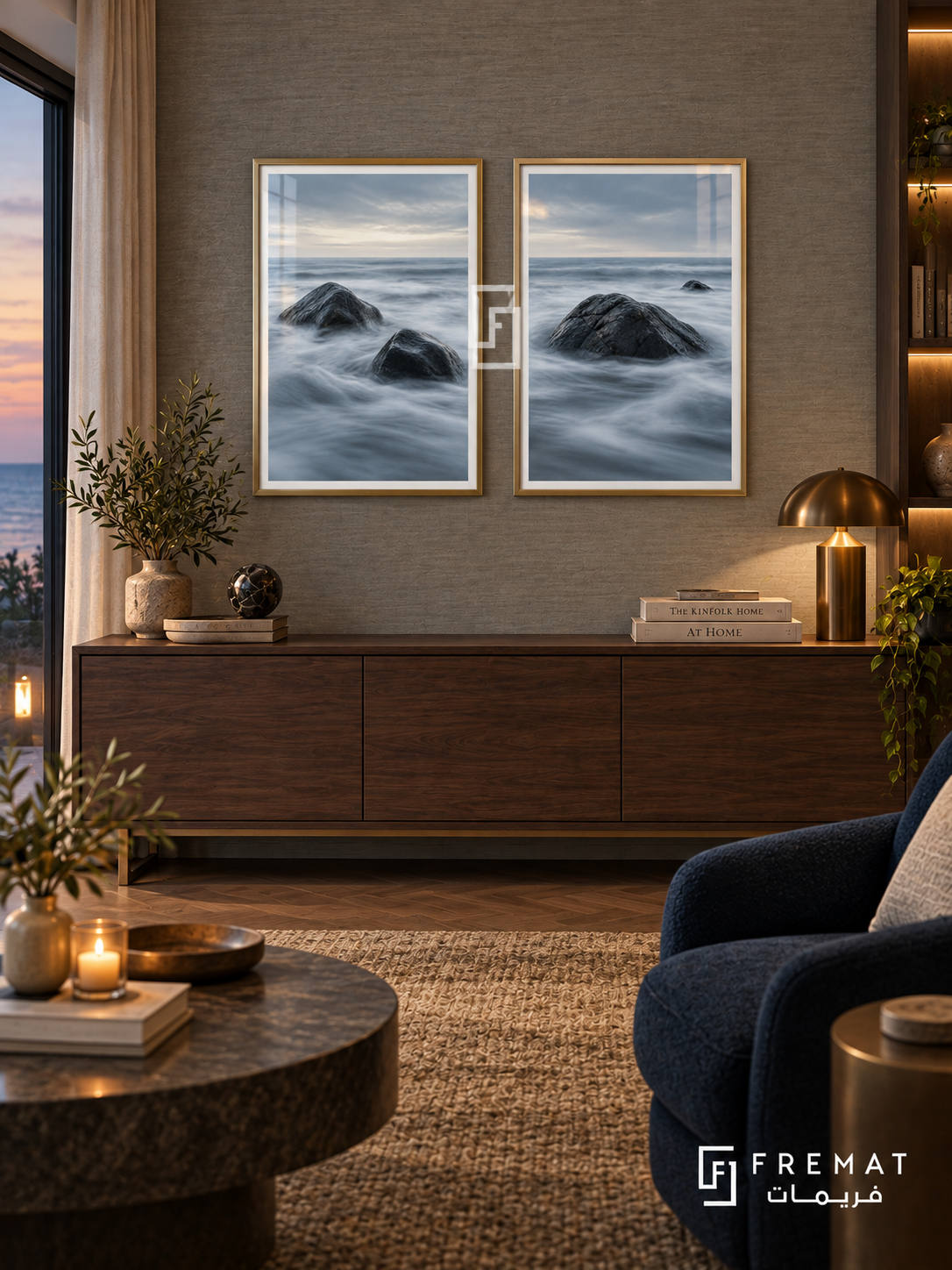 Tidal Rocks — set of two nature artworks in Gold frames.