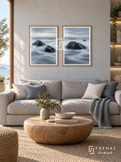 Tidal Rocks — set of two nature artworks in Wooden Texture frames.
