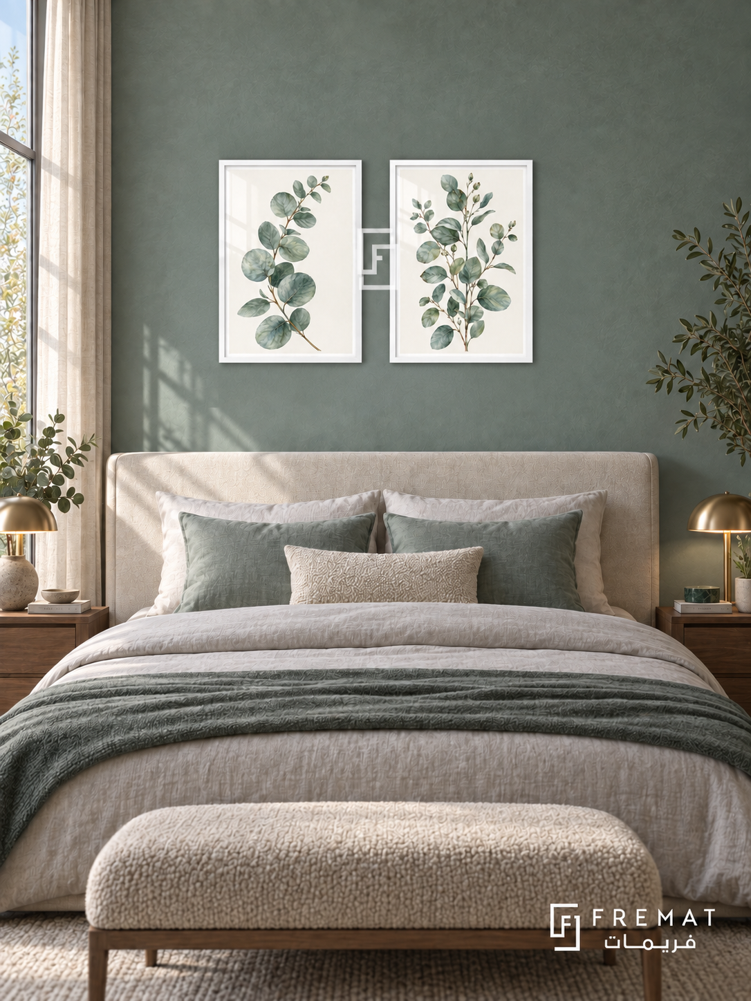 Eucalyptus Air — set of two nature artworks in White frames.