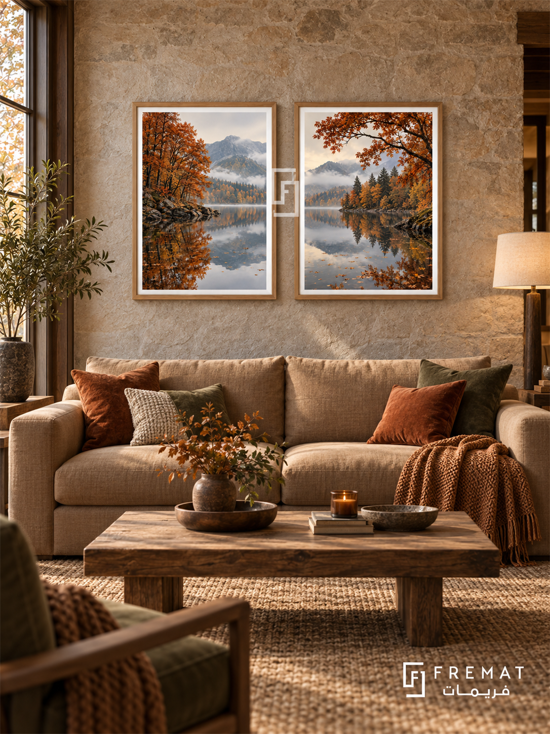 Autumn Reflection — set of two nature artworks in Wooden Texture frames.