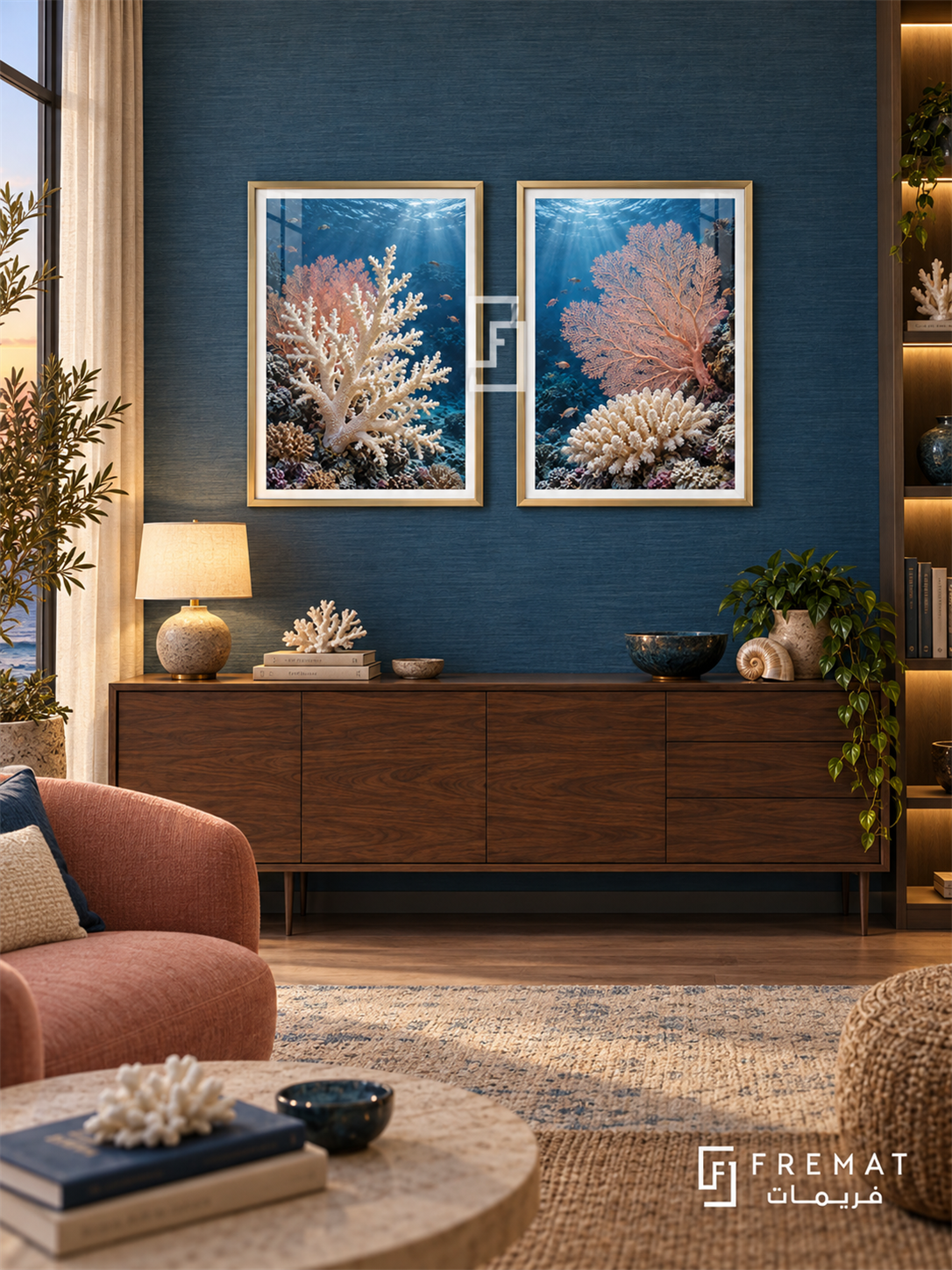 Coral Garden — set of two nature artworks in Gold frames.