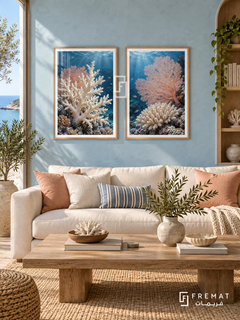 Coral Garden — set of two nature artworks in Wooden Texture frames.
