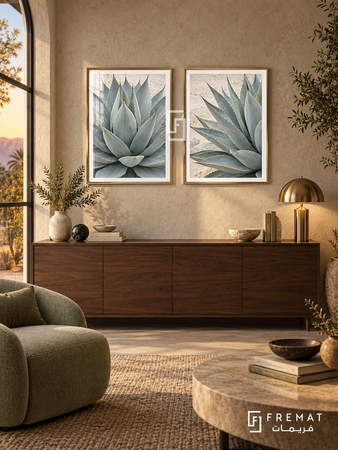 Desert Agave — set of two nature artworks in Gold frames.
