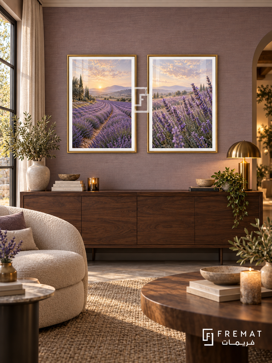 Lavender Morning — set of two nature artworks in Gold frames.