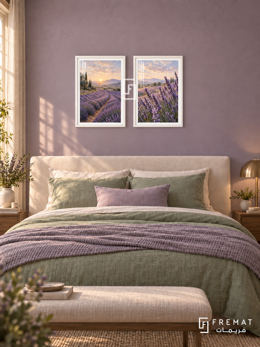 Lavender Morning — set of two nature artworks in White frames.