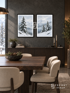 Winter Pines — set of two nature artworks in Black frames.