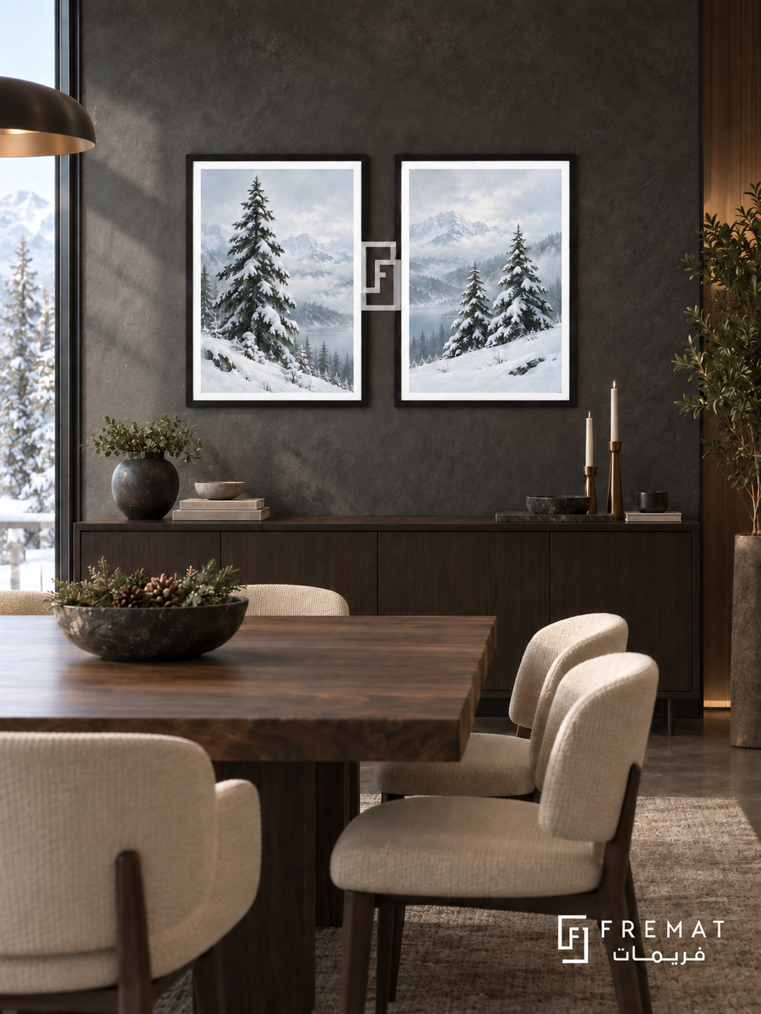 Winter Pines — set of two nature artworks in Black frames.