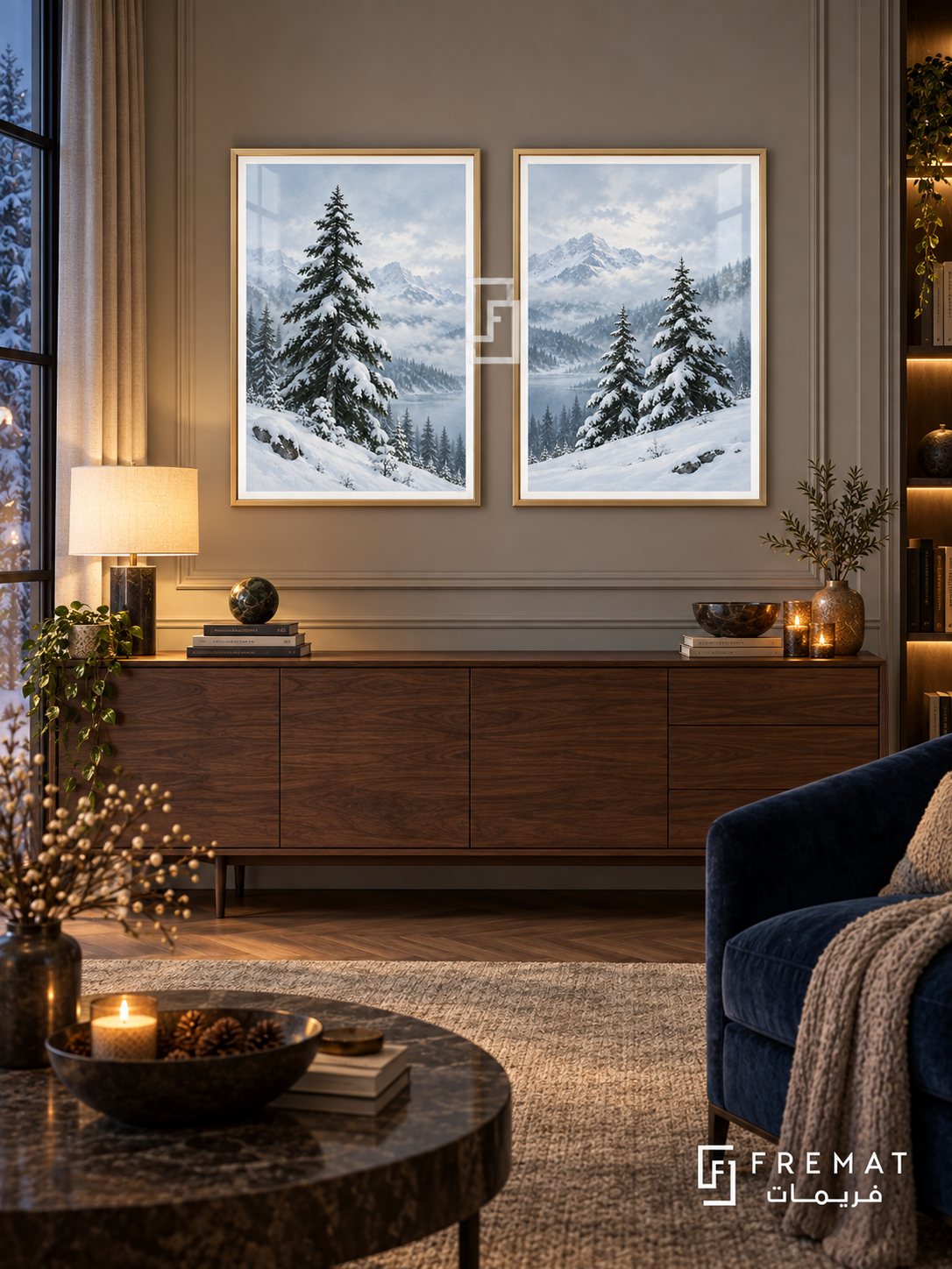 Winter Pines — set of two nature artworks in Gold frames.