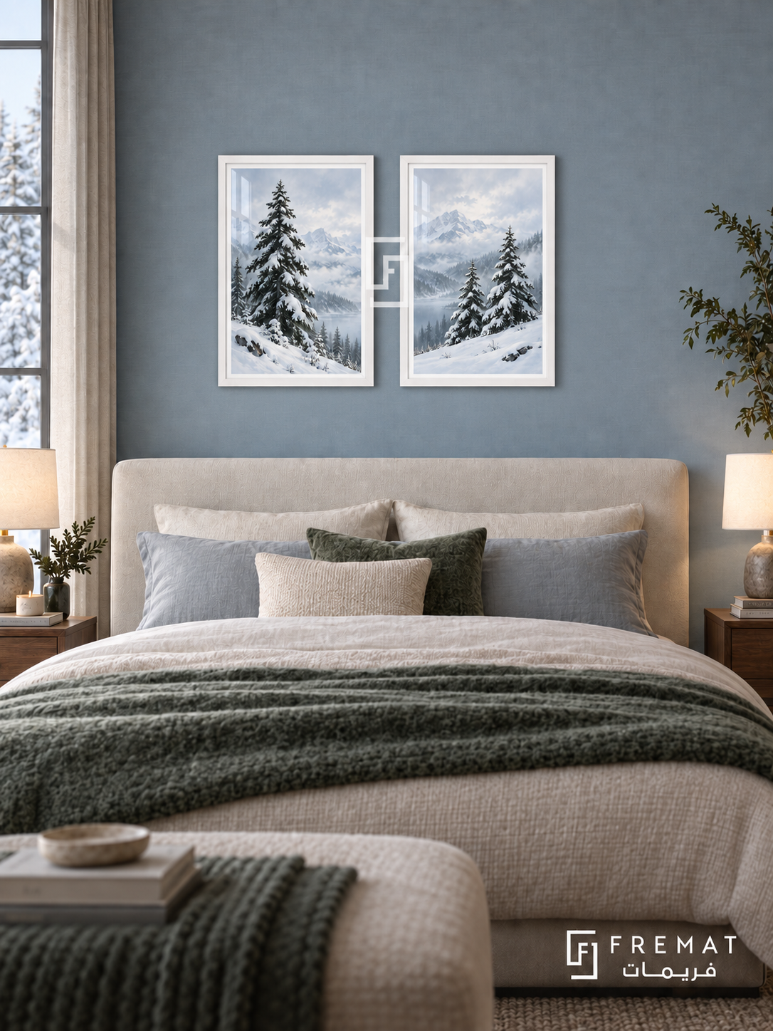 Winter Pines — set of two nature artworks in White frames.