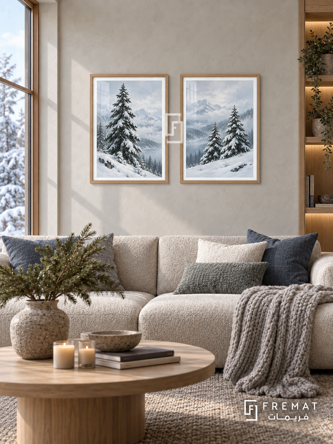 Winter Pines — set of two nature artworks in Wooden Texture frames.