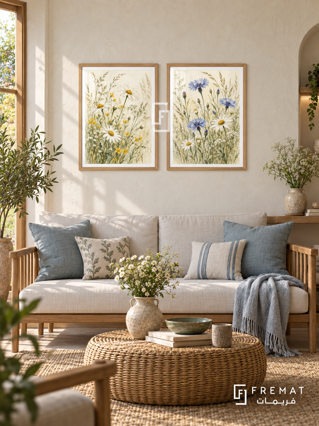 Meadow Dance — set of two nature artworks in Wooden Texture frames.