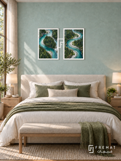 River Passage — set of two nature artworks in White frames.