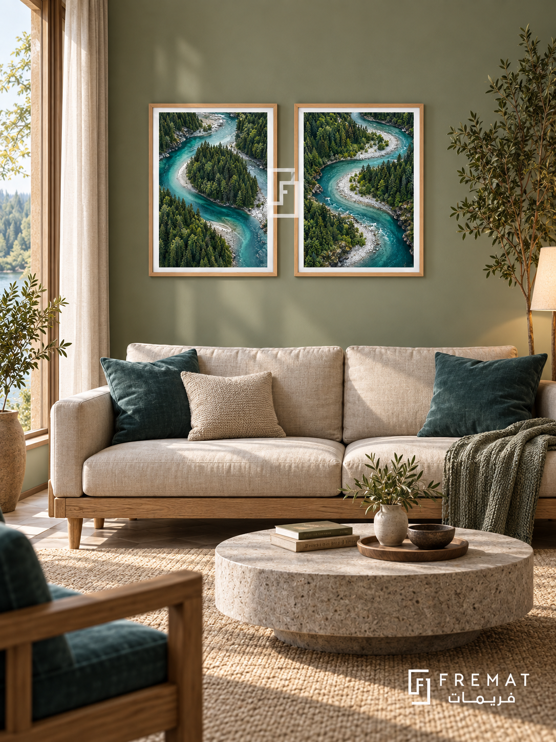 River Passage — set of two nature artworks in Wooden Texture frames.