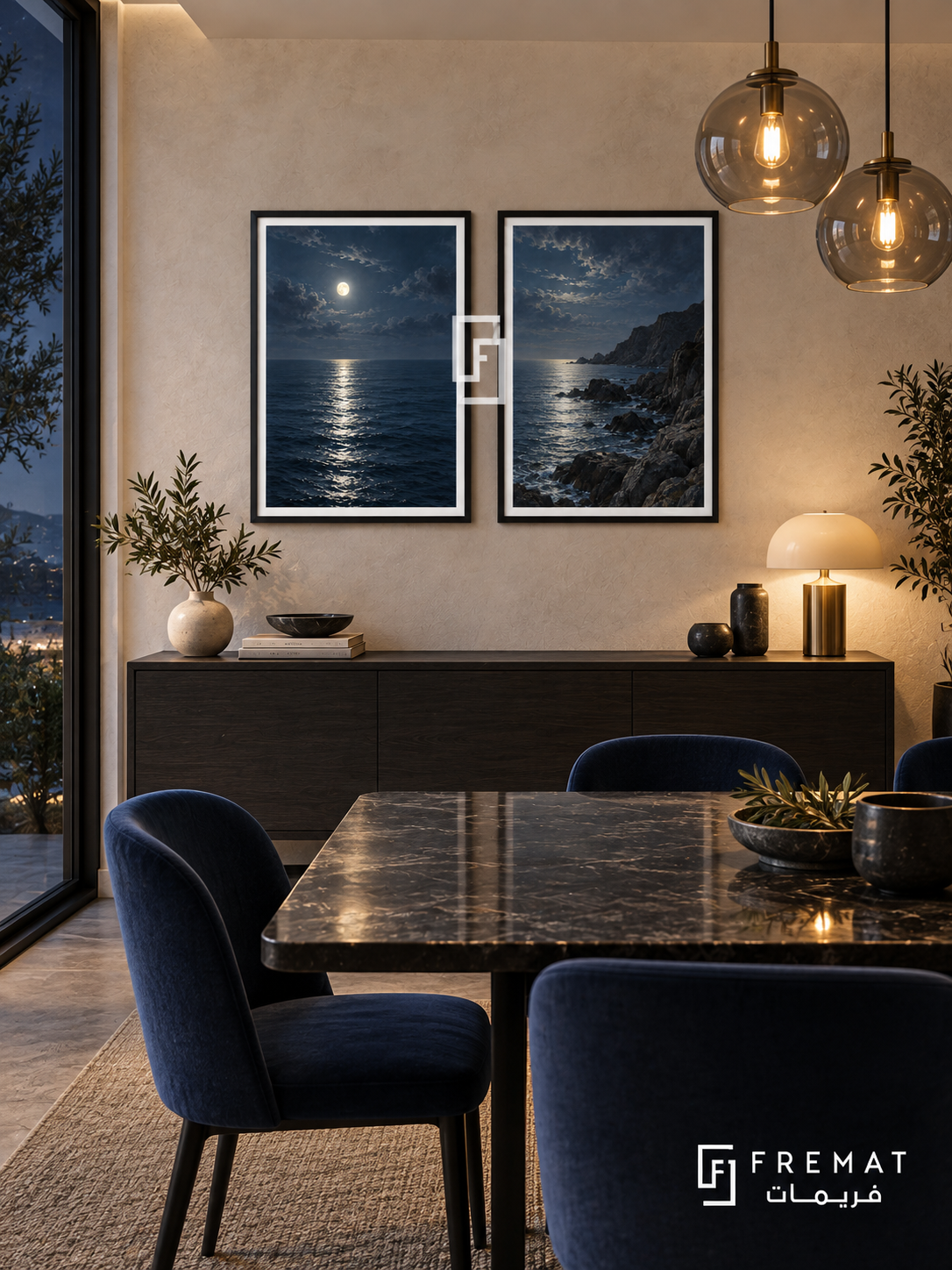 Moonlit Sea — set of two nature artworks in Black frames.