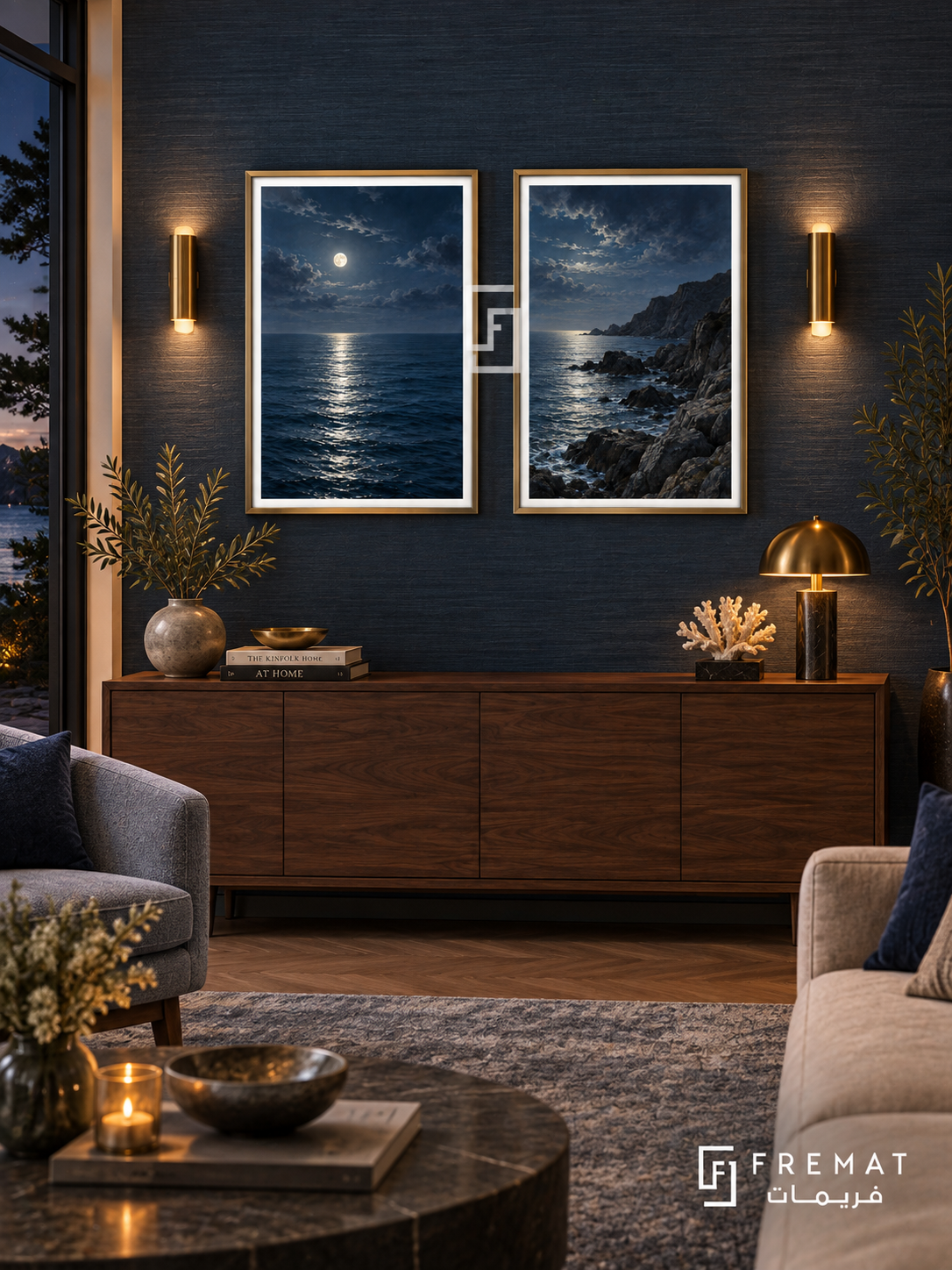 Moonlit Sea — set of two nature artworks in Gold frames.